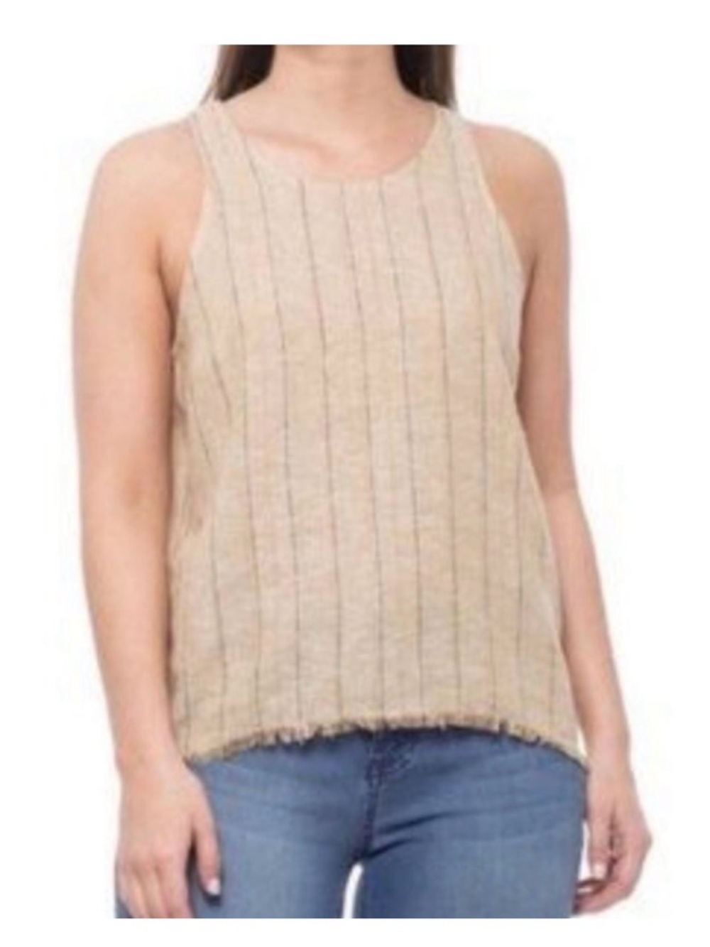 Drew Beige Linen Raw Hem Tank Top Cropped Boxy Stripe Boho Minimalist XS